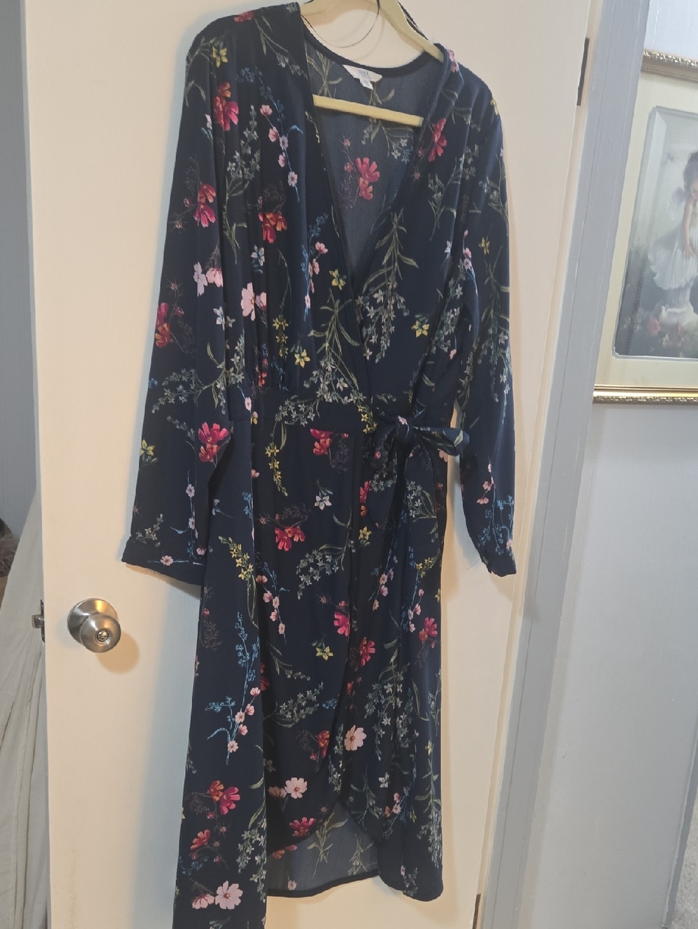 Time And Tru Navy Floral Wrap Midi Dress with Pink & Green Accents